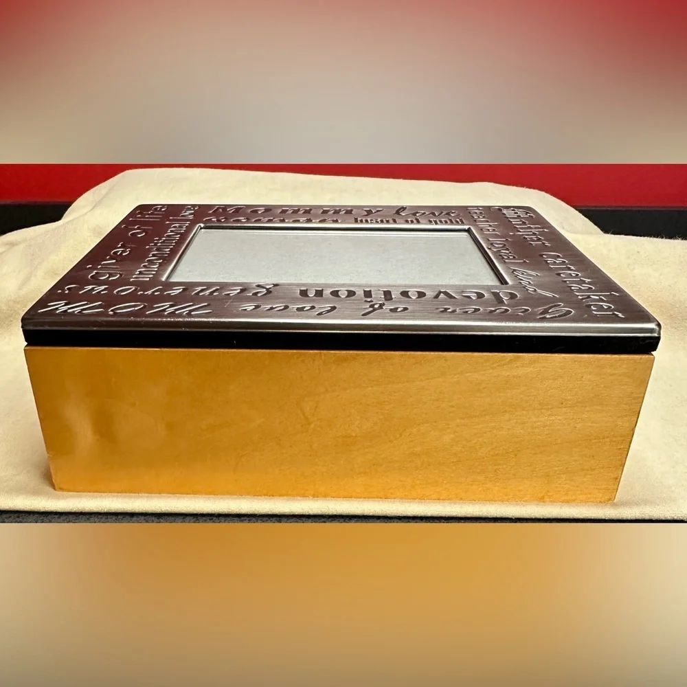 Mother’s Wooden Jewelry Box with Metal Photo Frame Lid